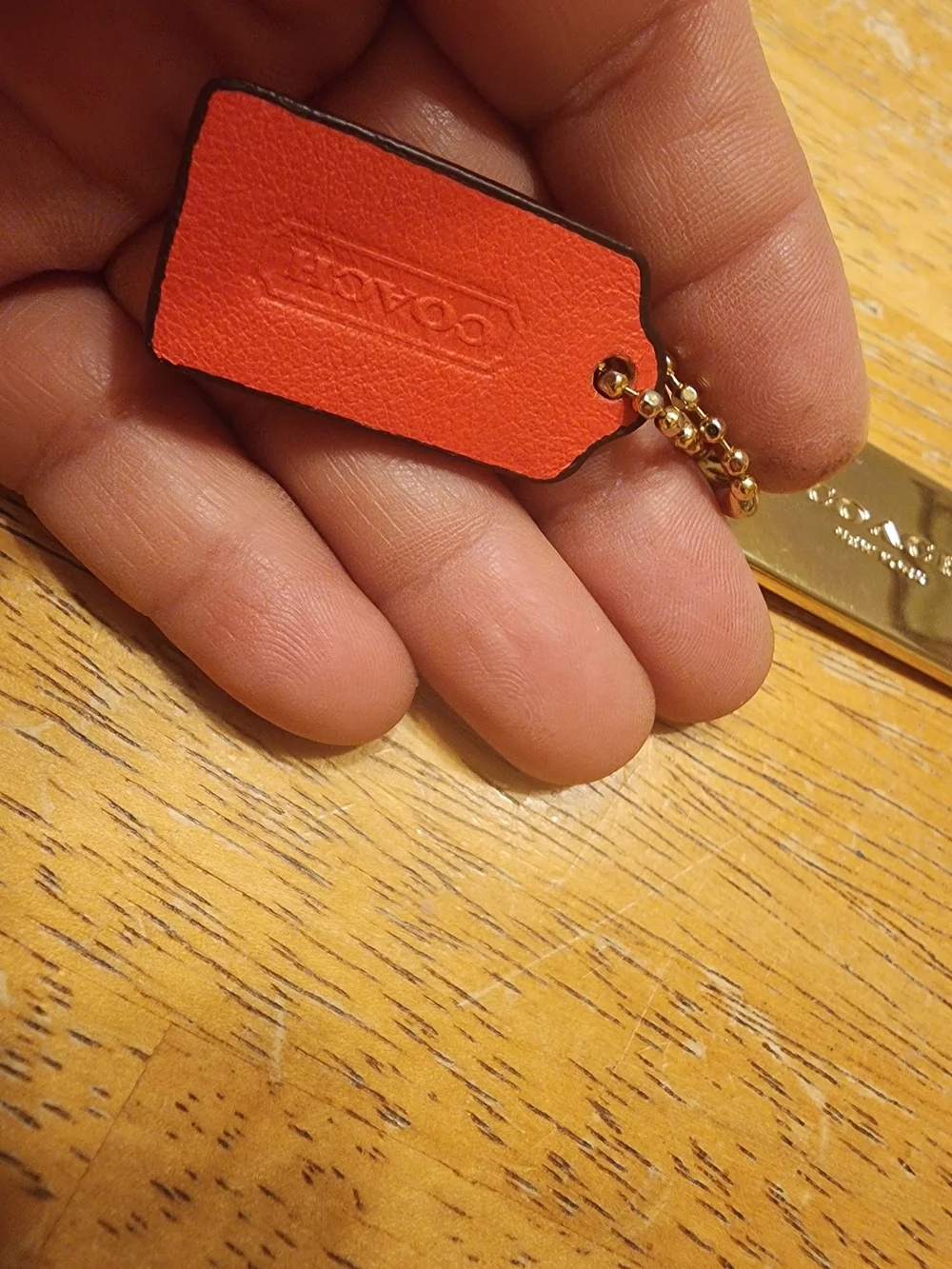 Coach Gold Metal & Red Leather Double Tag Key Charm